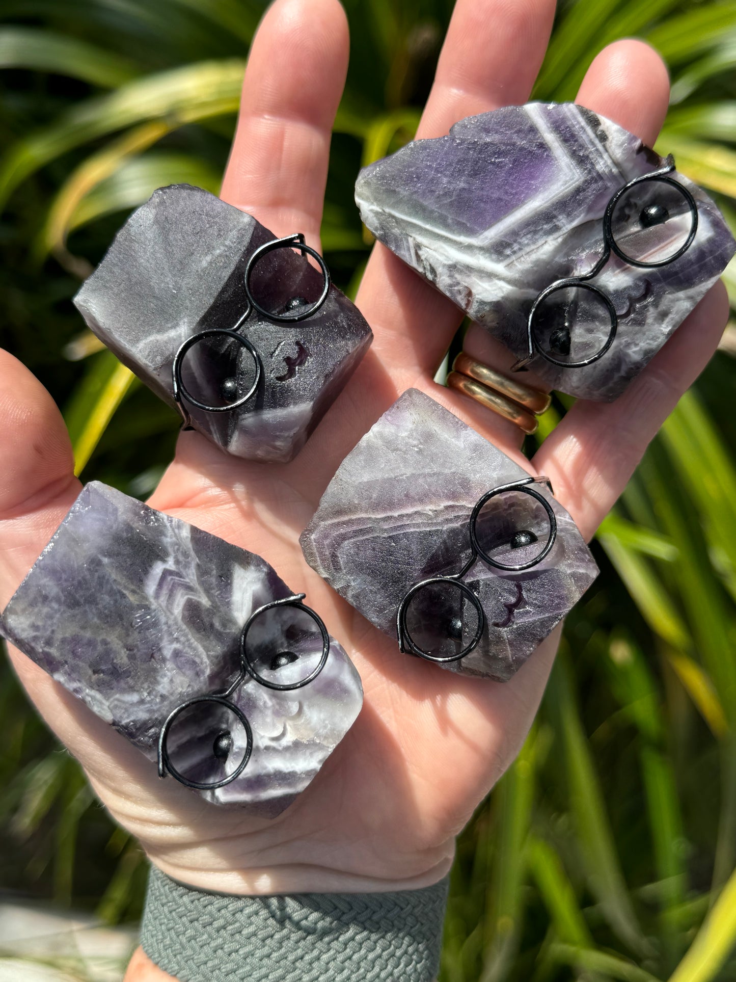 Chevron Amethyst Rock Buddy with glasses