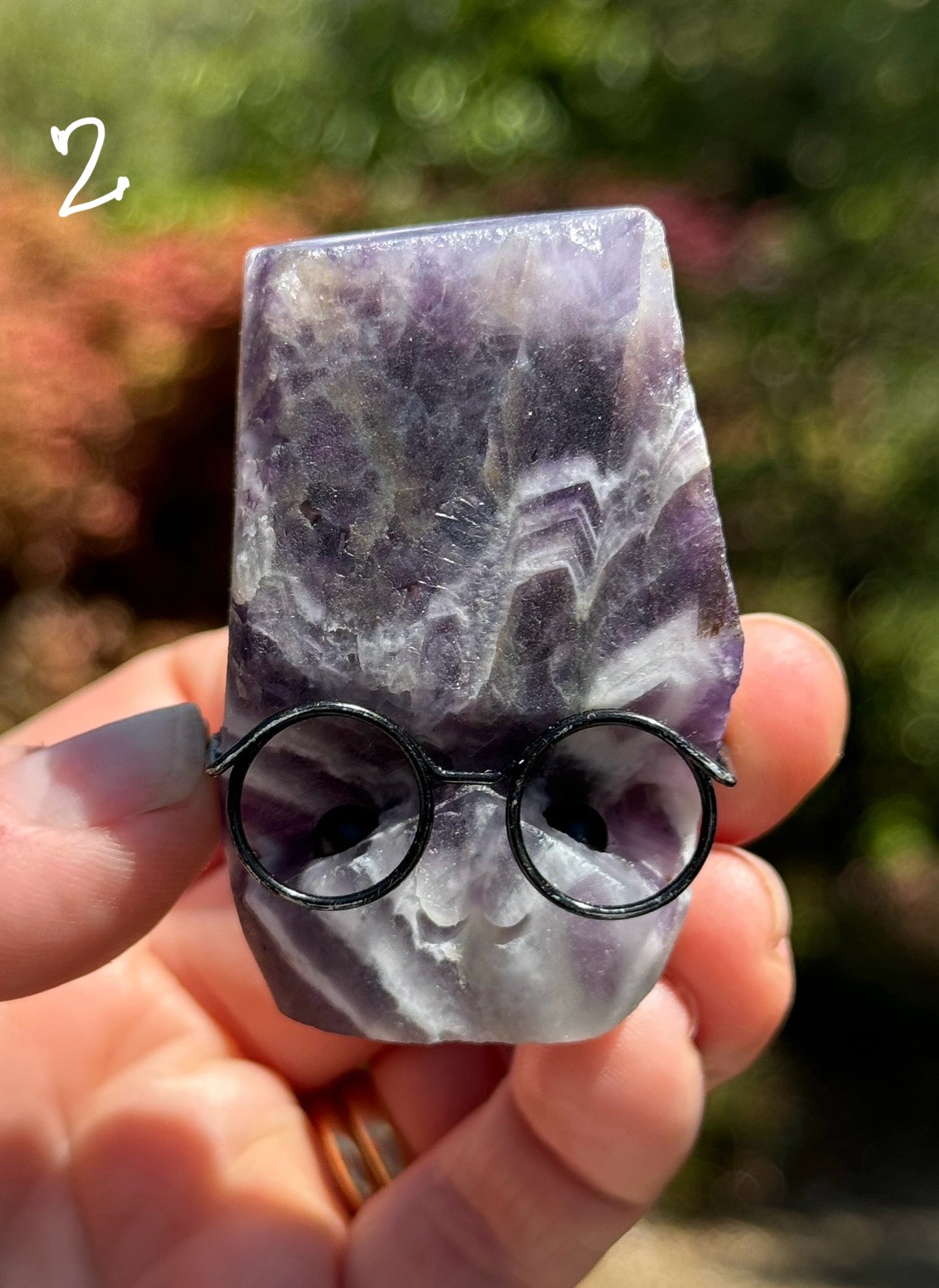 Chevron Amethyst Rock Buddy with glasses