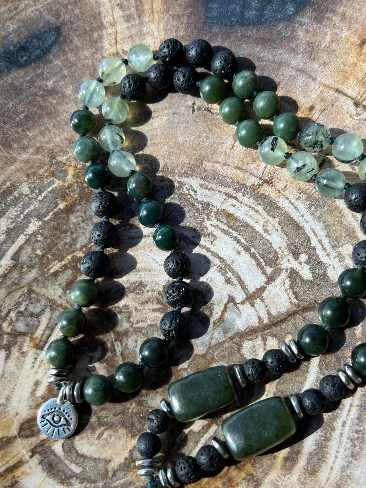 Half Mālā with Canadian Jade, Prehnite, Lava stone  with a New Zealand Pounamu/Greenstone Gruu Bead/Pendant