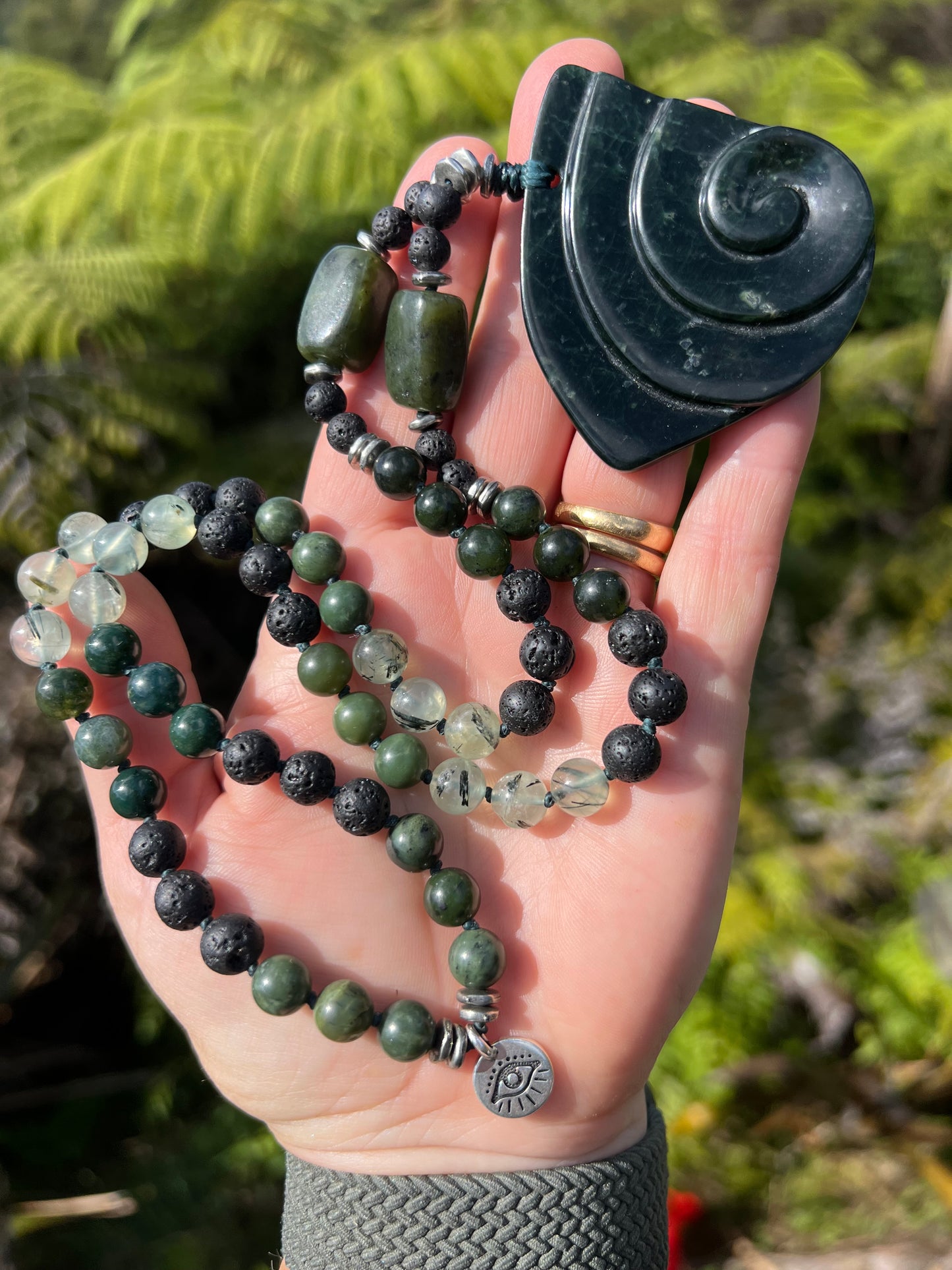 Half Mālā with Canadian Jade, Prehnite, Lava stone  with a New Zealand Pounamu/Greenstone Gruu Bead/Pendant