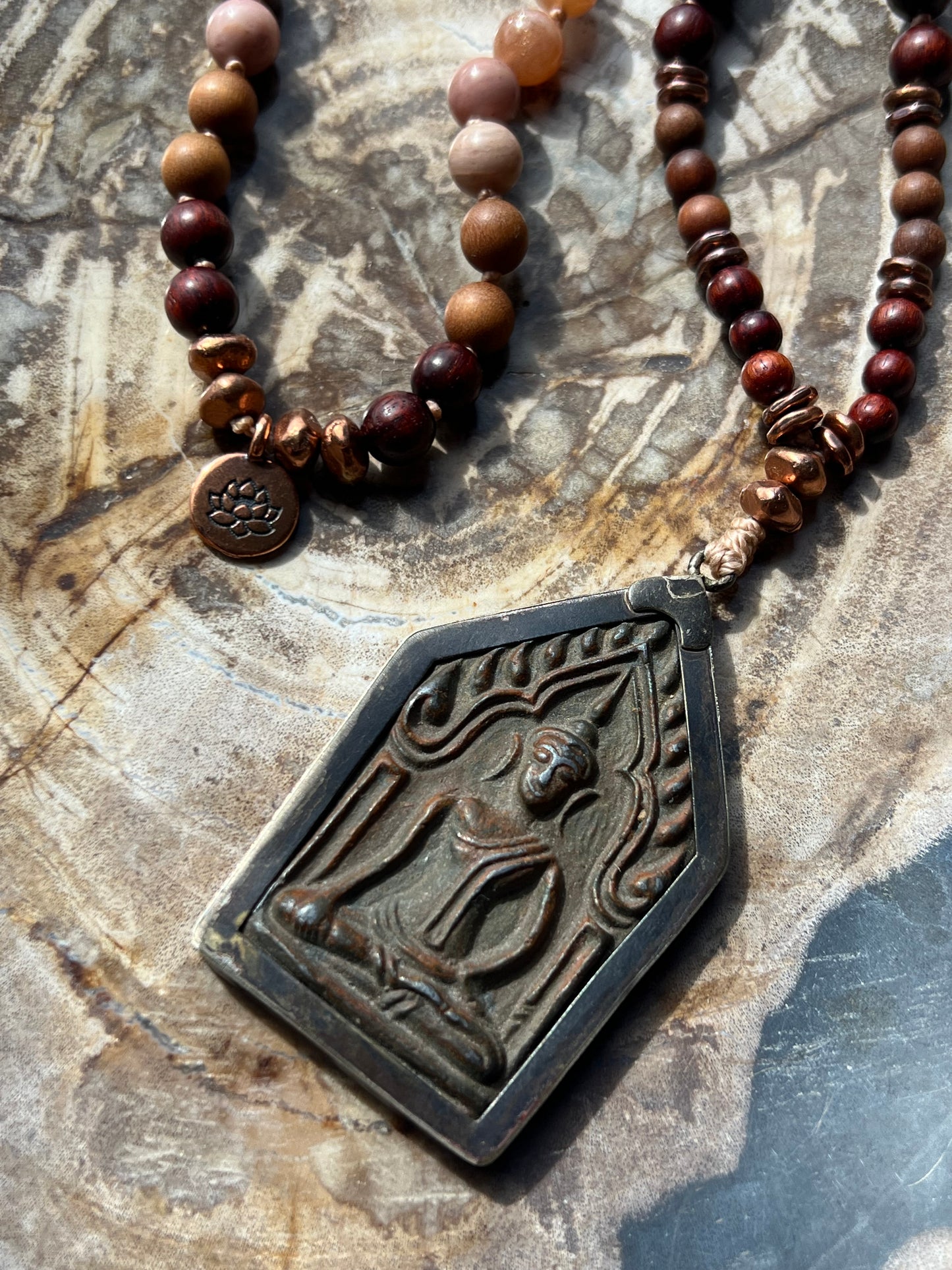 Half Mālā with Sunstone, Haitian Flower Rhodonite and Cherry Blossom Agate, Sandalwood, Indian Rosewood and Peach Aventurine with a Thai Buddha Pendant