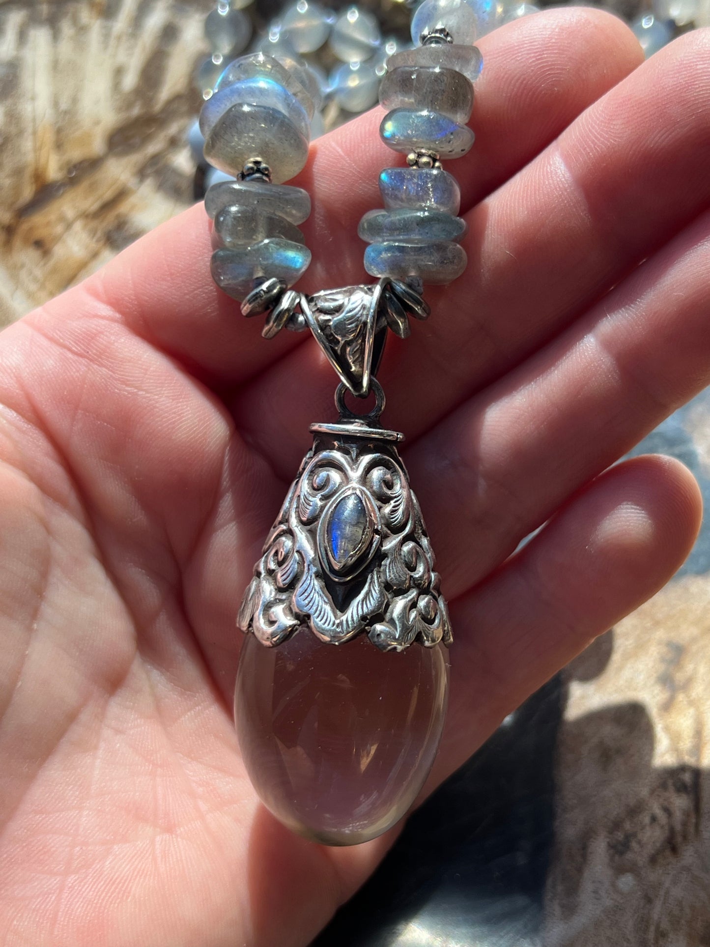 Mālā Half with Labradorite and Angelite Beads and a Himalayan Quartz Bead/Pendant