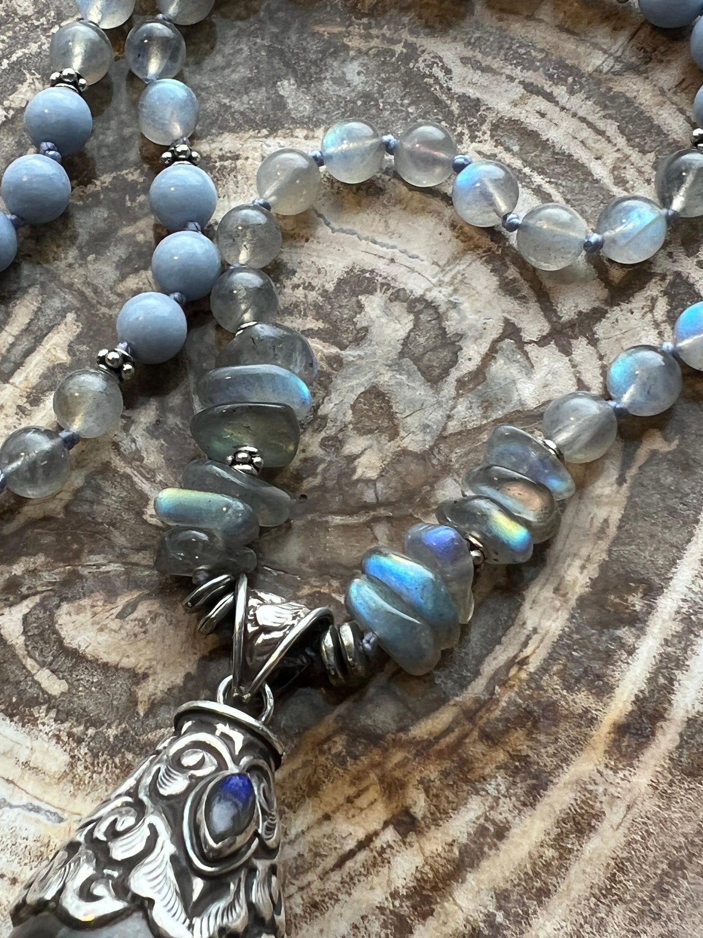 Mālā Half with Labradorite and Angelite Beads and a Himalayan Quartz Bead/Pendant