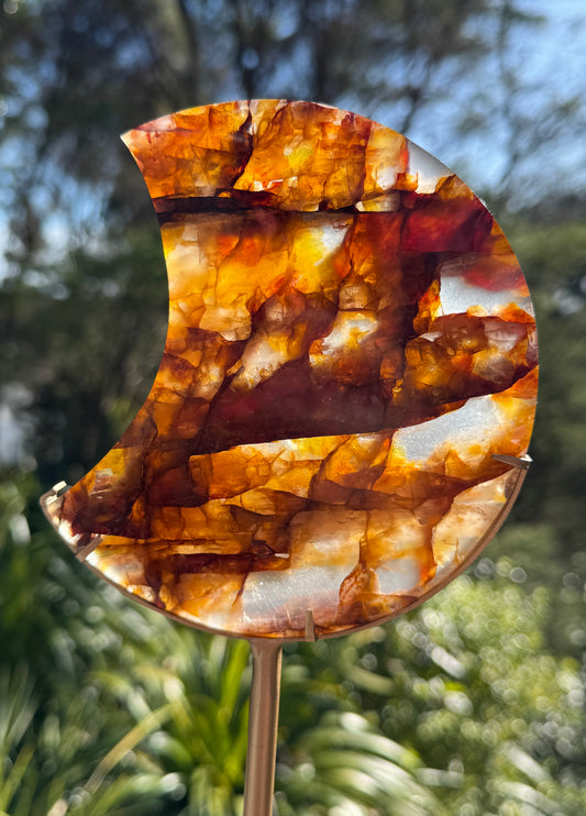 Golden Healer & Fire Quartz in Girasol Quartz Carved Moon on Stand