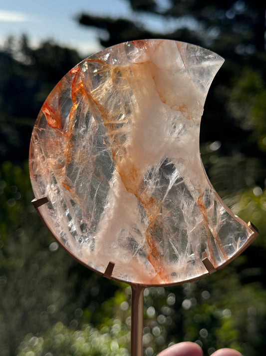 Fire Quartz Carved Moon on Stand