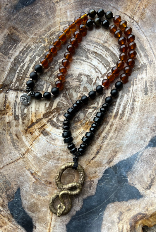 Mālā with Rare Blue Amber, Golden Sheen Obsidian and Onyx Beads with a Snake Pendant
