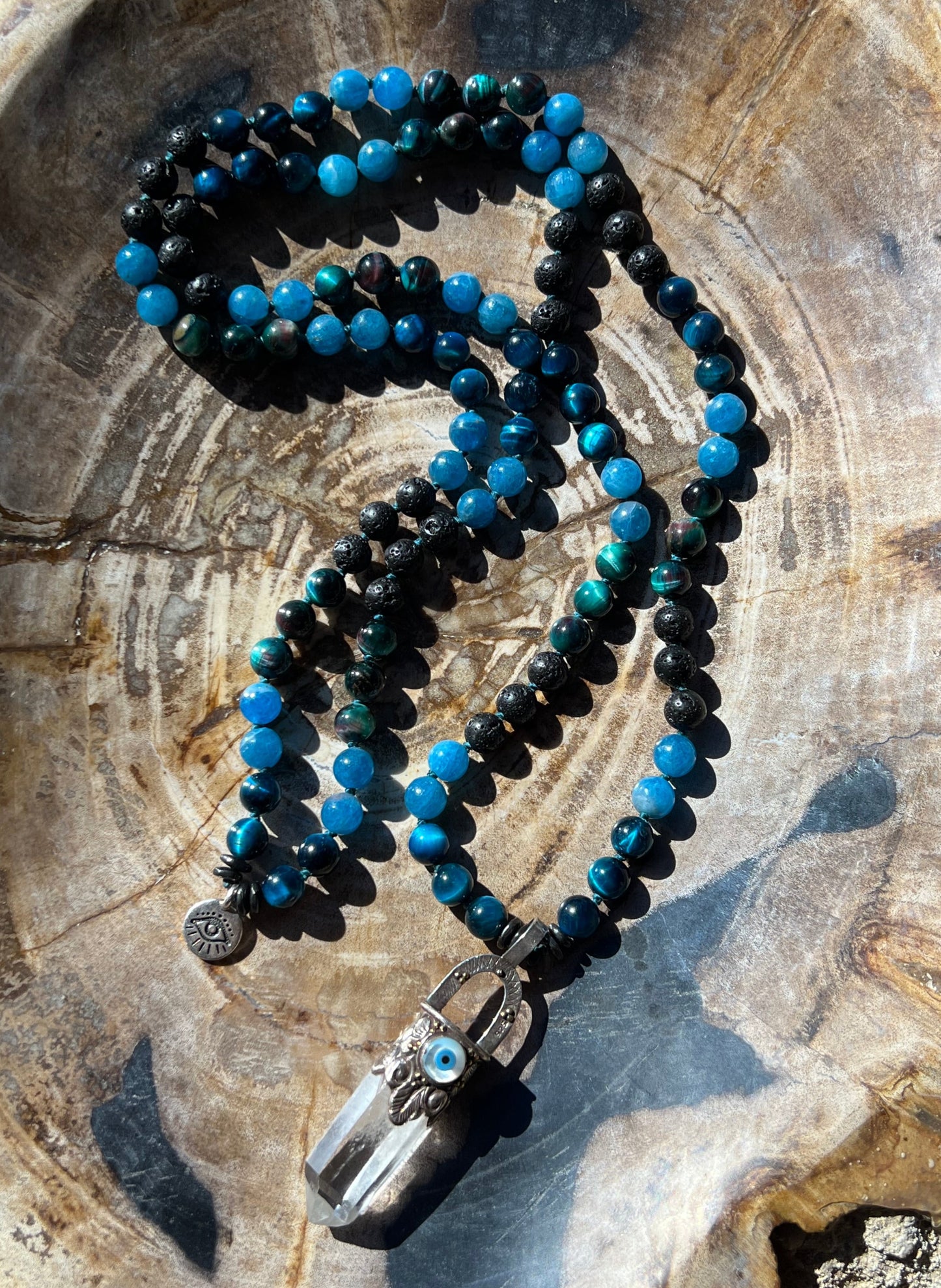 Mālā with Tigers Eye, Apatite Beads and a Clear Quartz Pendant