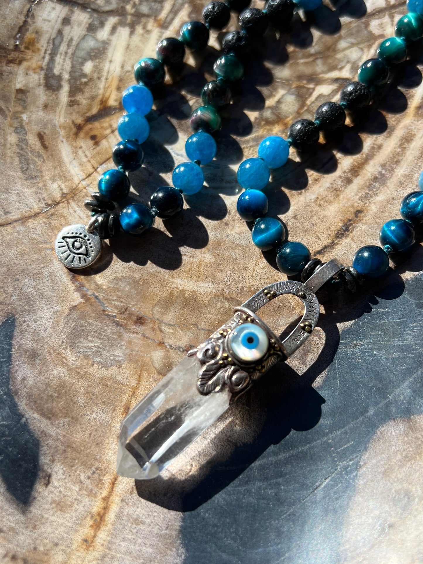 Mālā with Tigers Eye, Apatite Beads and a Clear Quartz Pendant