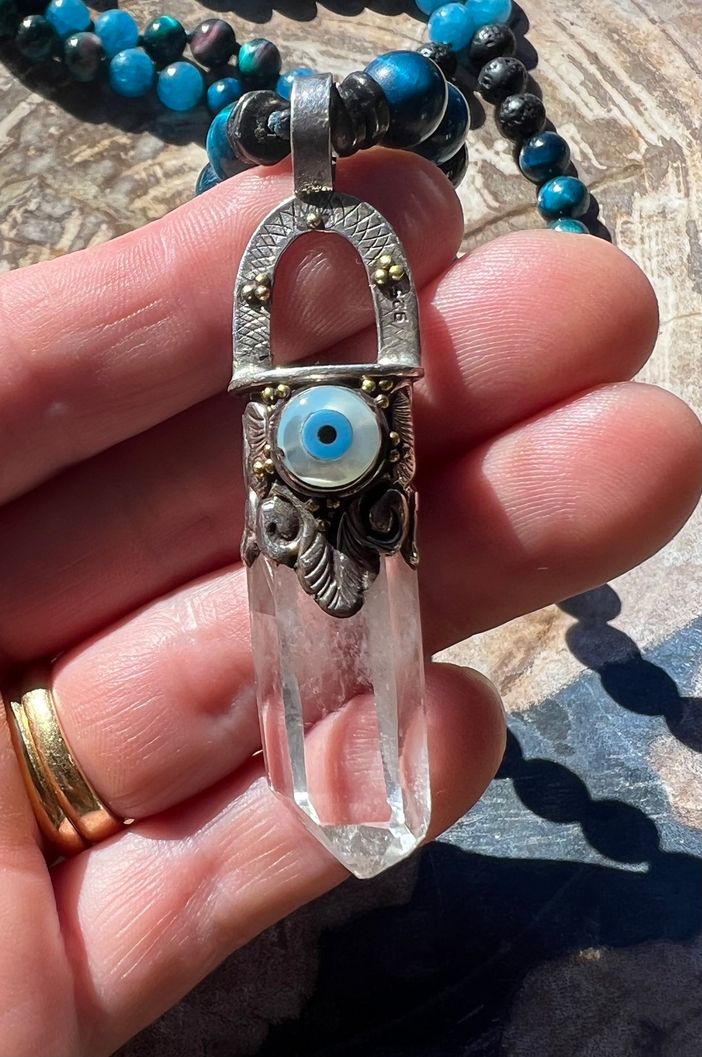 Mālā with Tigers Eye, Apatite Beads and a Clear Quartz Pendant