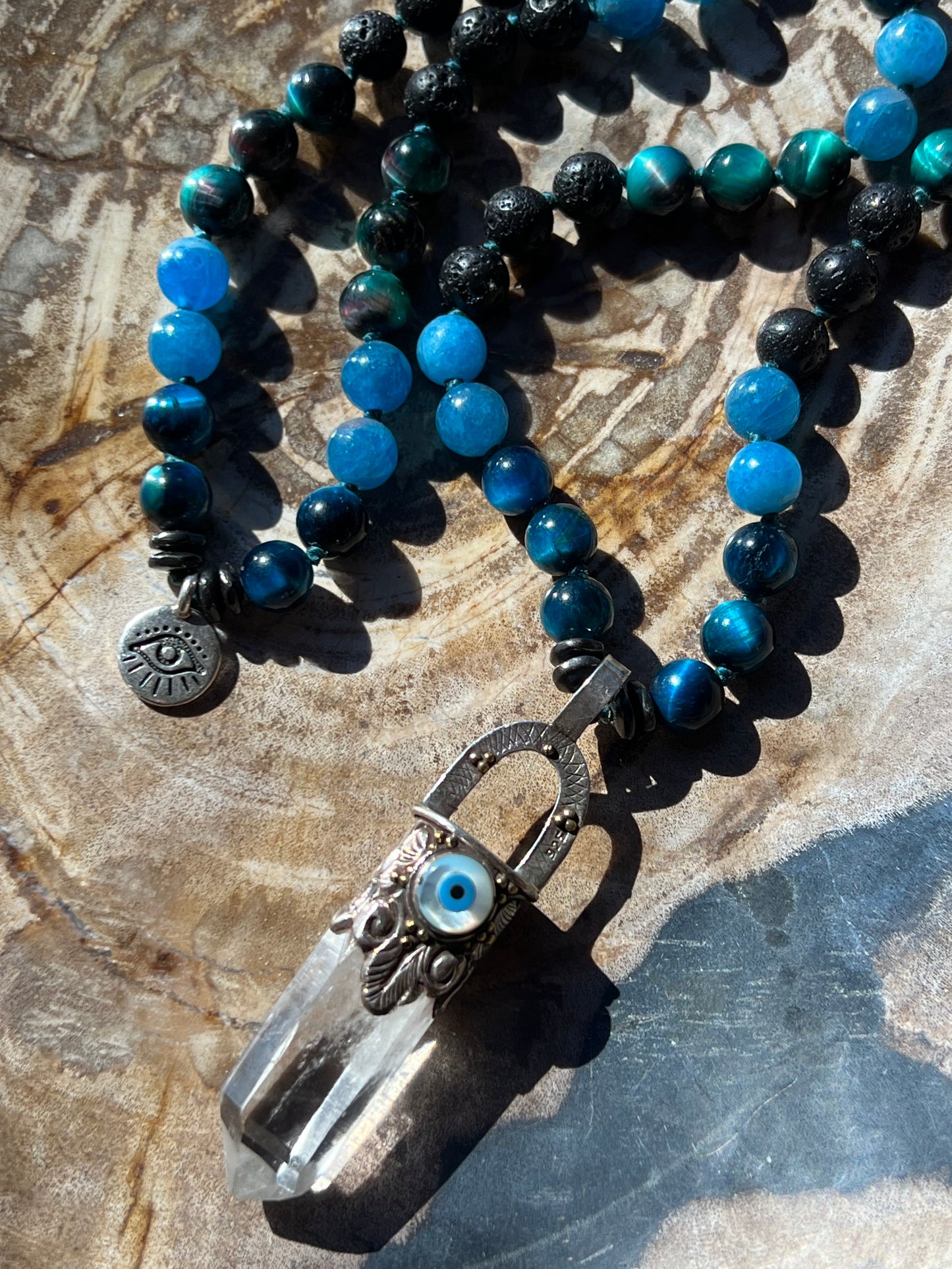 Mālā with Tigers Eye, Apatite Beads and a Clear Quartz Pendant