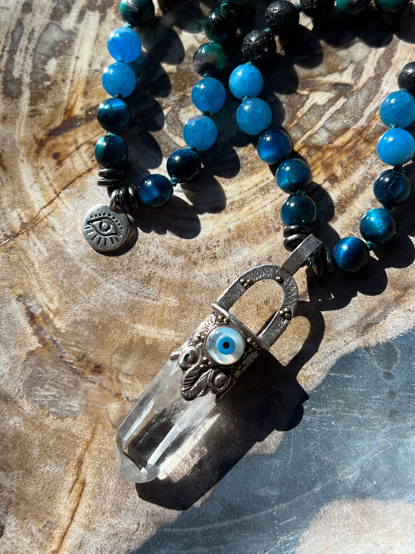 Mālā with Tigers Eye, Apatite Beads and a Clear Quartz Pendant