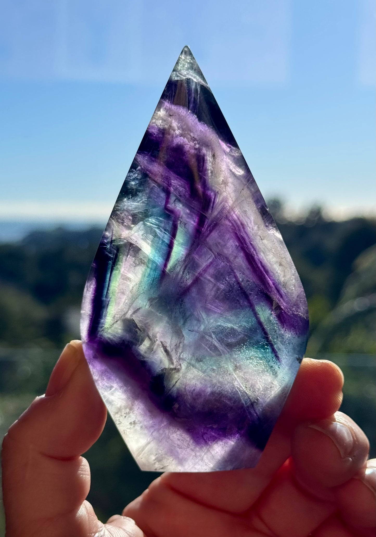 Rainbow Fluorite carved Flame 1