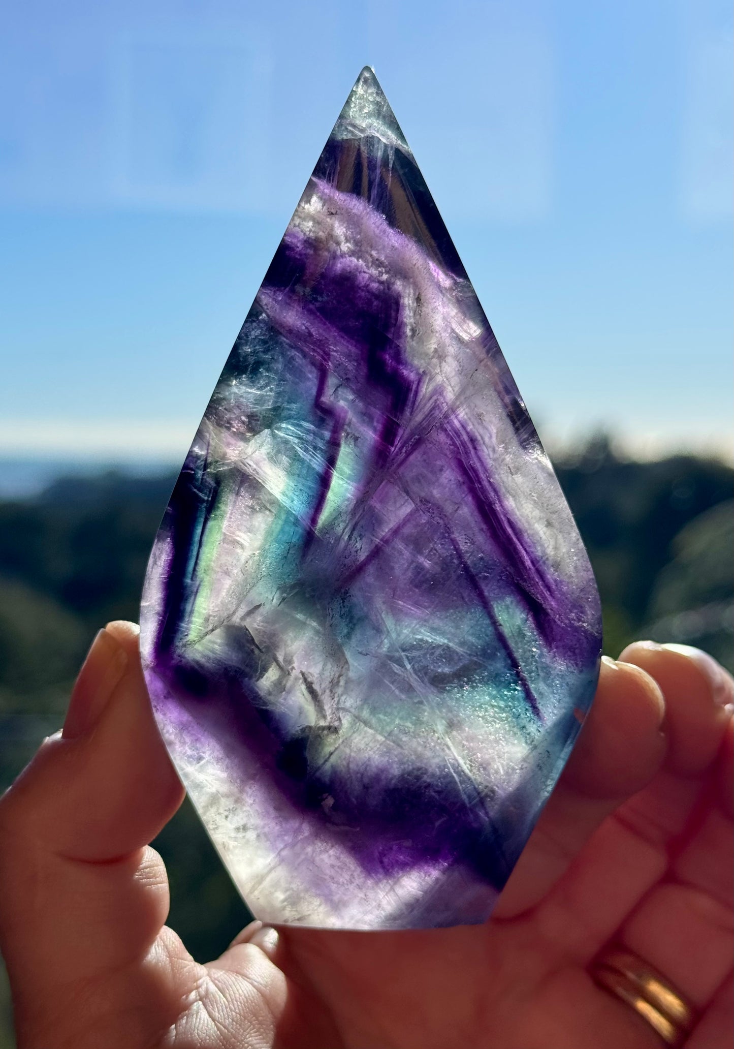 Rainbow Fluorite carved Flame 1
