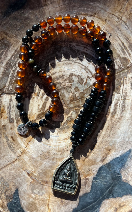 Mālā with Rare Blue Amber, Golden Sheen Obsidian and Onyx Beads with a Thai Buddha Pendant