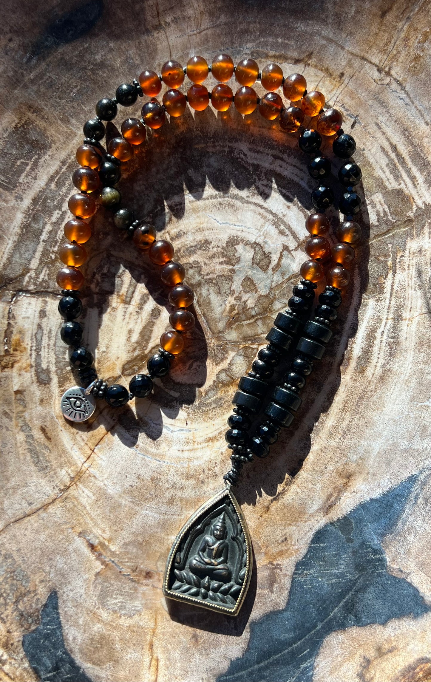 Mālā with Rare Blue Amber, Golden Sheen Obsidian and Onyx Beads with a Thai Buddha Pendant