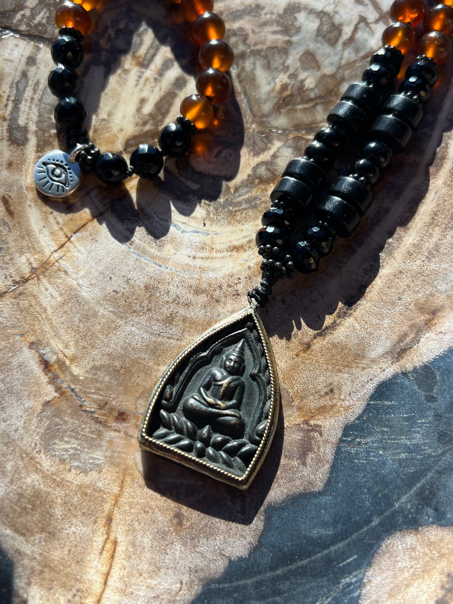 Mālā with Rare Blue Amber, Golden Sheen Obsidian and Onyx Beads with a Thai Buddha Pendant