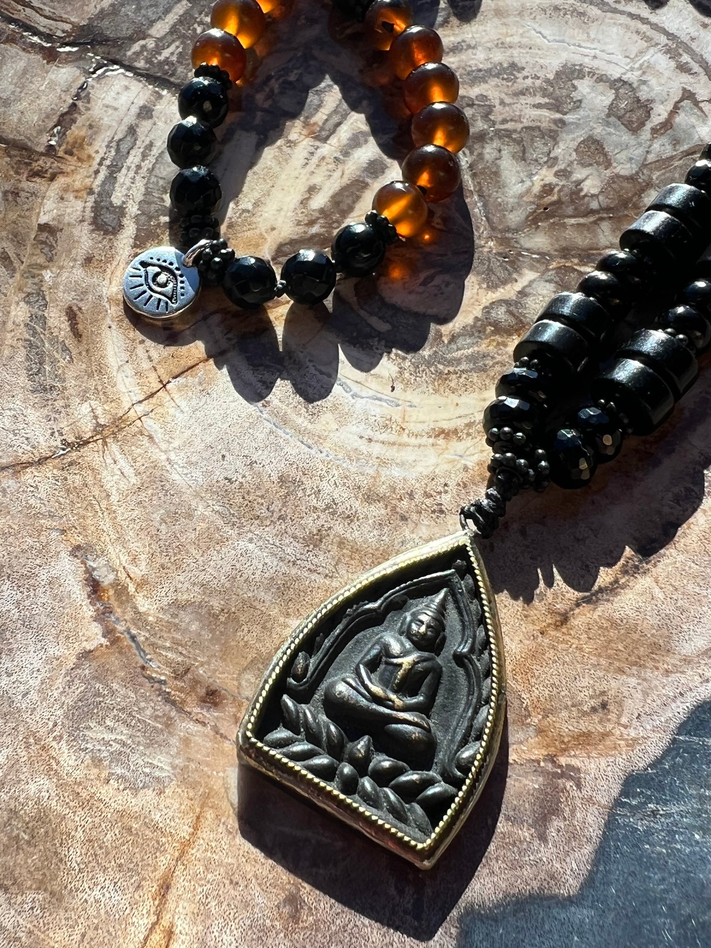 Mālā with Rare Blue Amber, Golden Sheen Obsidian and Onyx Beads with a Thai Buddha Pendant