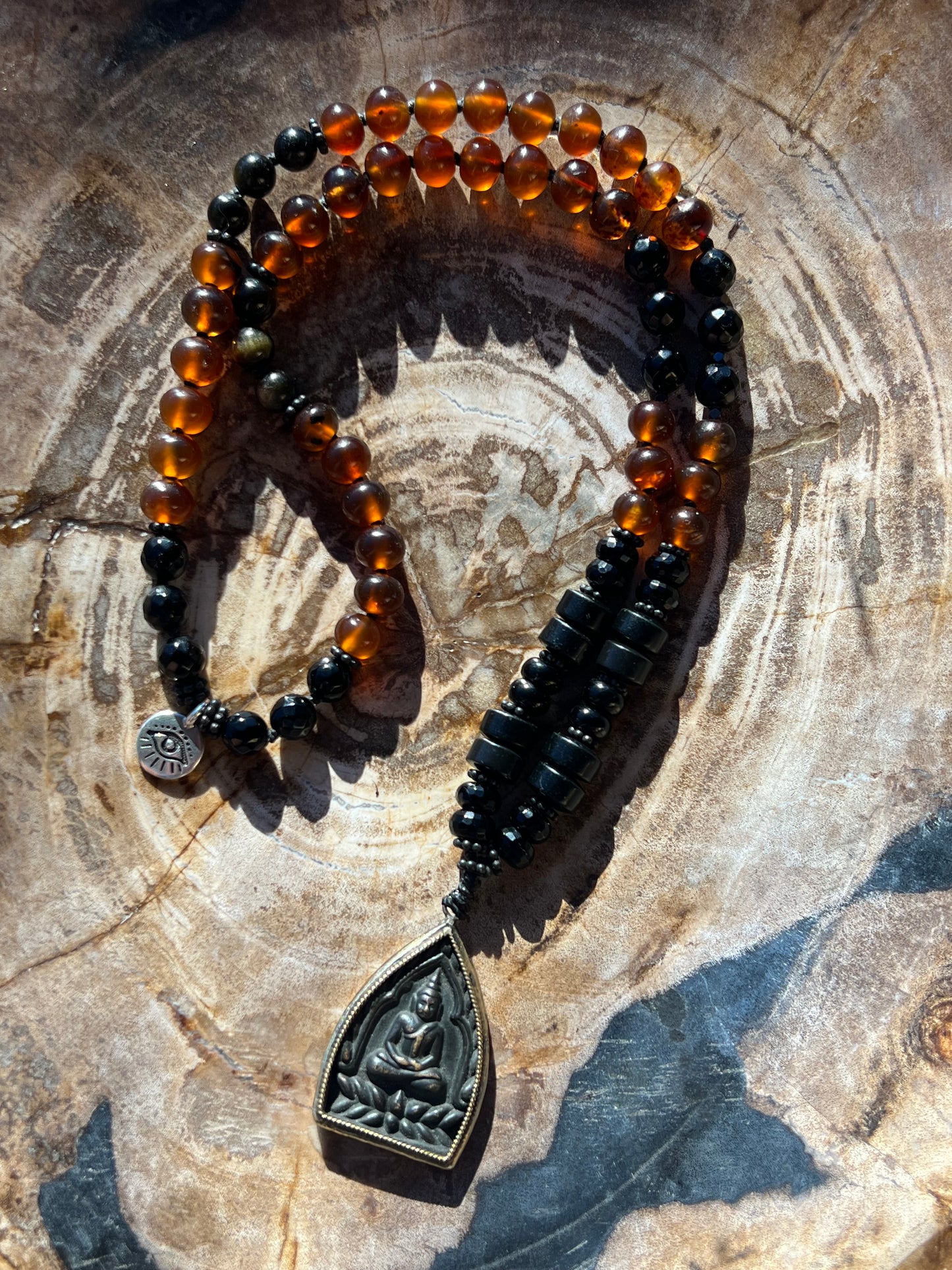 Mālā with Rare Blue Amber, Golden Sheen Obsidian and Onyx Beads with a Thai Buddha Pendant