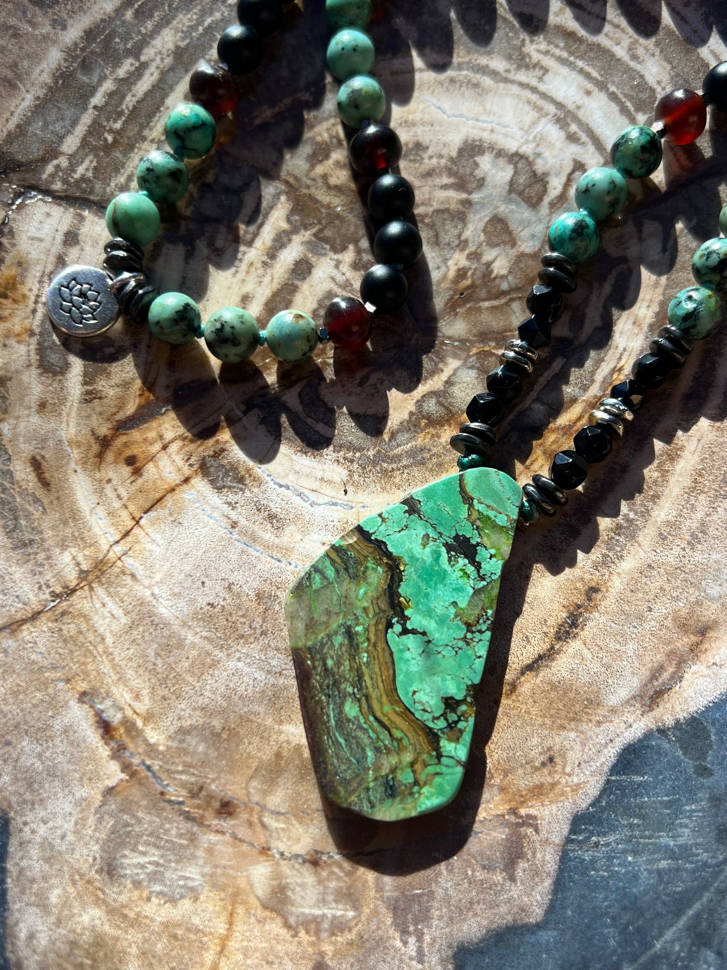 RESERVED FOR DEBBIE Mālā with Rare Blue Amber, African Turquoise and Onyx Beads with a genuine Green Turquoise Pendant