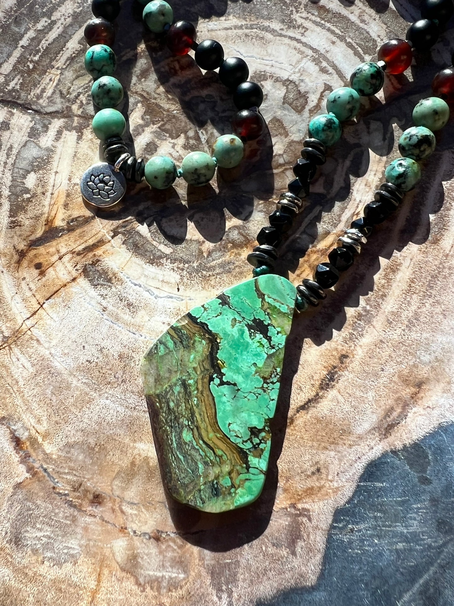 RESERVED FOR DEBBIE Mālā with Rare Blue Amber, African Turquoise and Onyx Beads with a genuine Green Turquoise Pendant