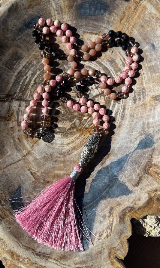 Mālā, Full Japa Mālā with Rhodochrosite, Sunstone, Garnet and Smoky Quartz with a Nepalese Silver Guru Bead