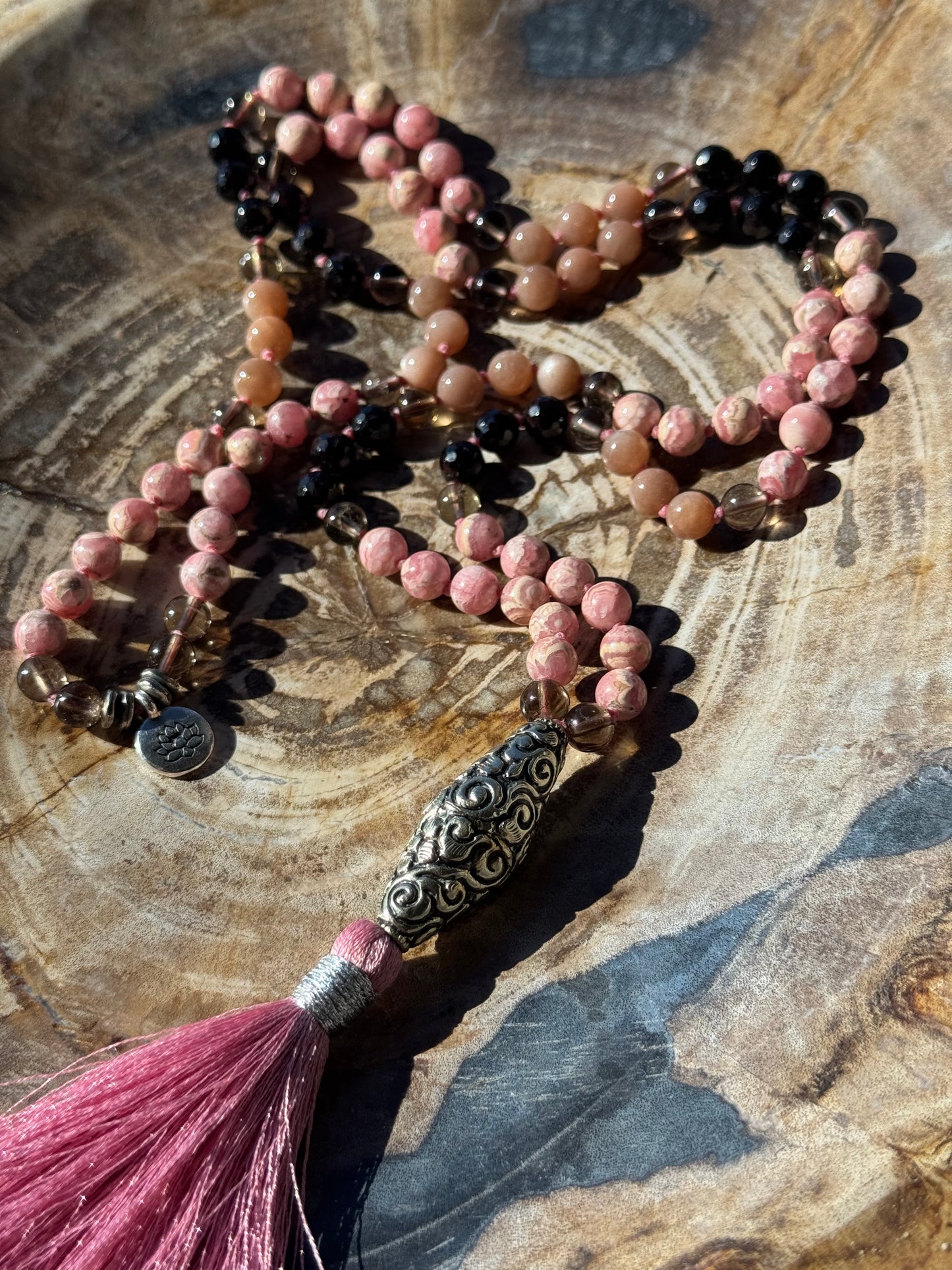 Mālā, Full Japa Mālā with Rhodochrosite, Sunstone, Garnet and Smoky Quartz with a Nepalese Silver Guru Bead
