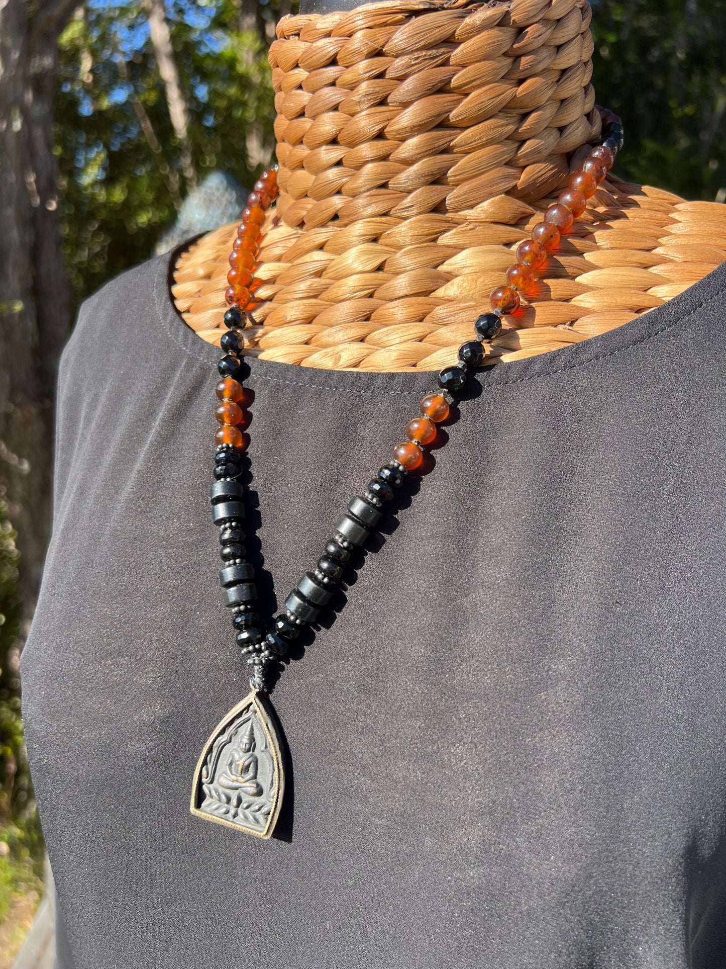 Mālā with Rare Blue Amber, Golden Sheen Obsidian and Onyx Beads with a Thai Buddha Pendant