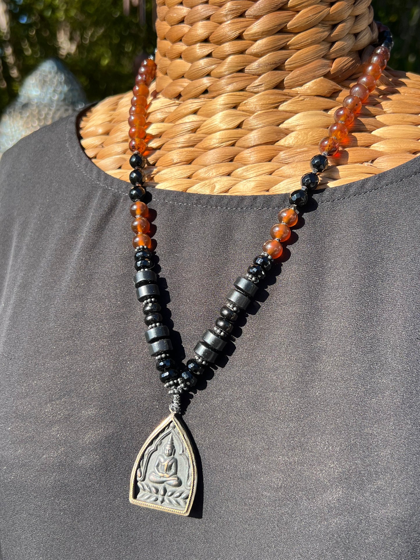 Mālā with Rare Blue Amber, Golden Sheen Obsidian and Onyx Beads with a Thai Buddha Pendant