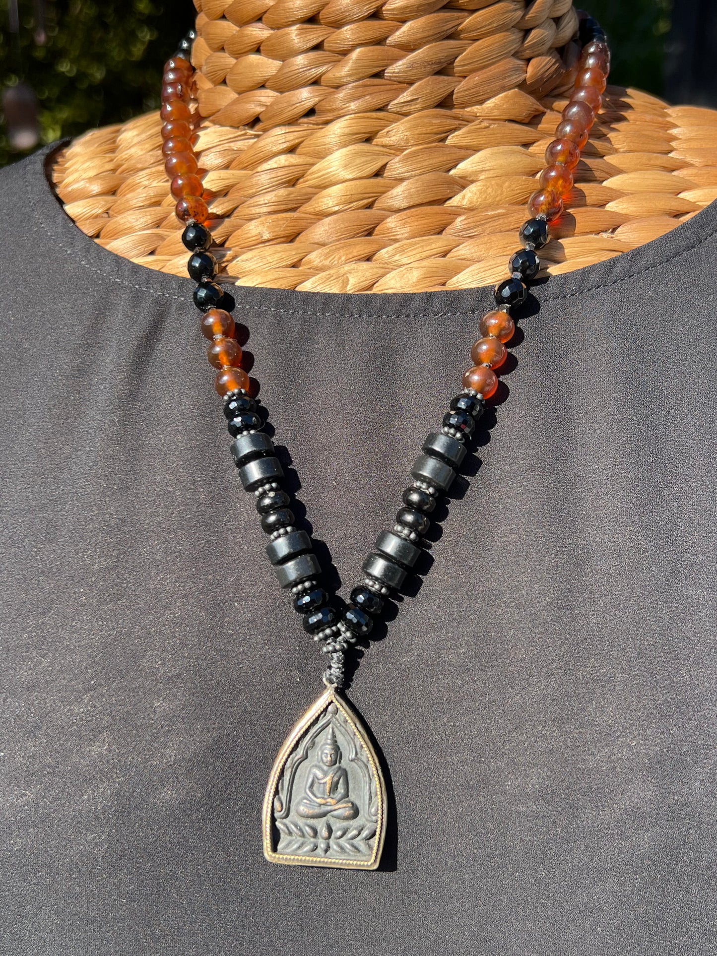 Mālā with Rare Blue Amber, Golden Sheen Obsidian and Onyx Beads with a Thai Buddha Pendant