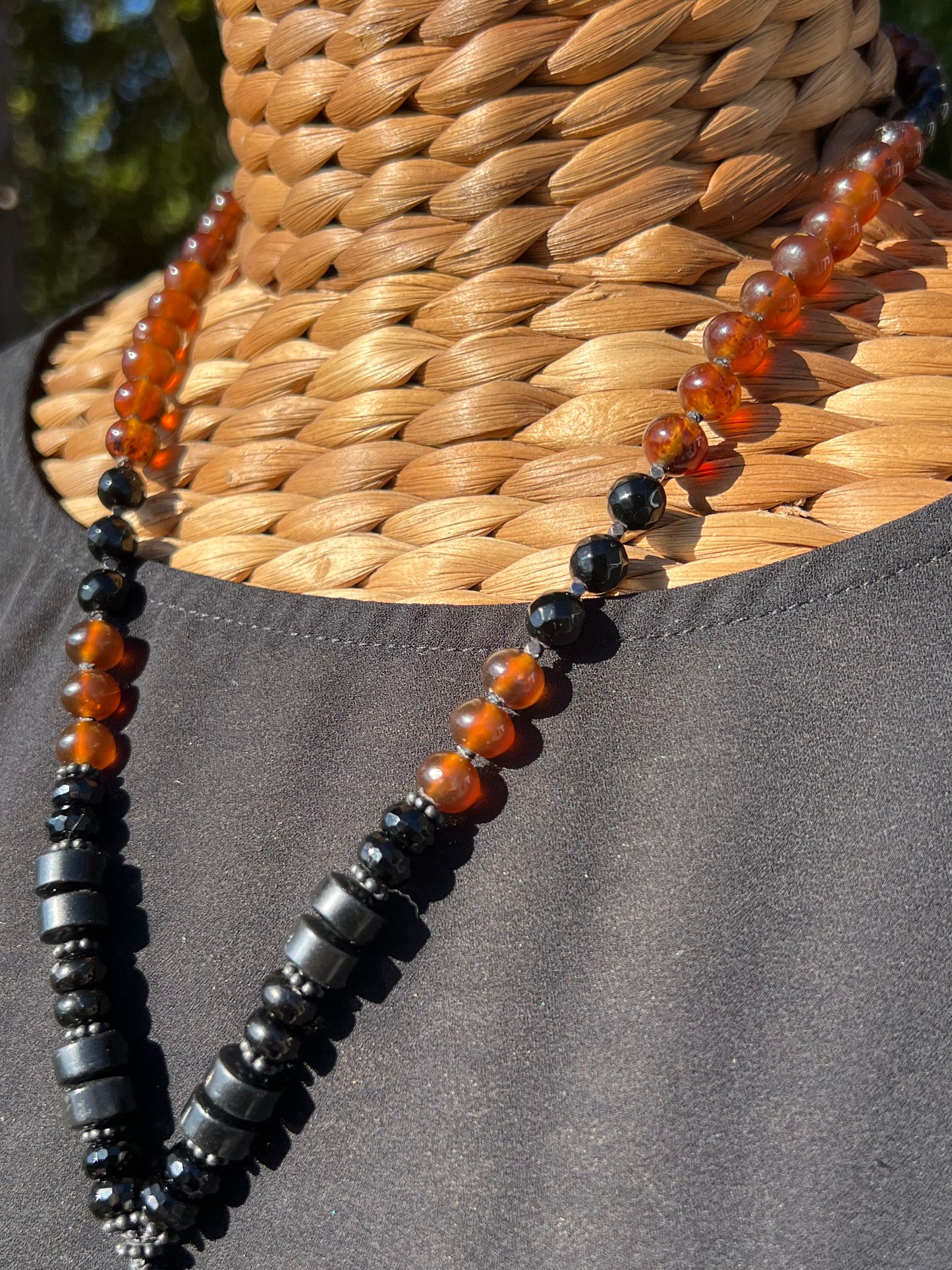 Mālā with Rare Blue Amber, Golden Sheen Obsidian and Onyx Beads with a Thai Buddha Pendant