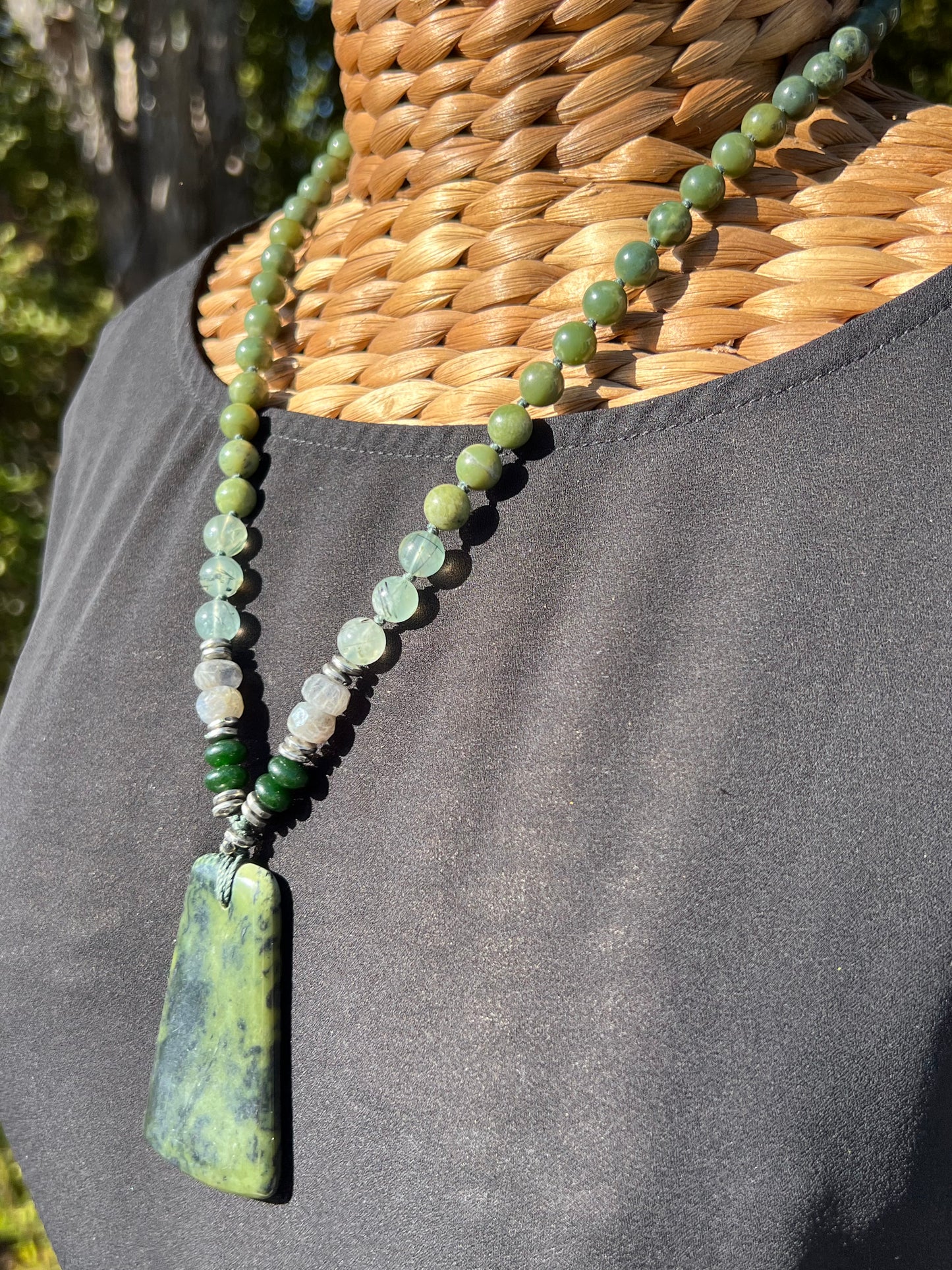 Half Mālā with Canadian Jade, Green Labradorite and Prehnite with a New Zealand Pounamu/Greenstone Gruu Bead/Pendant