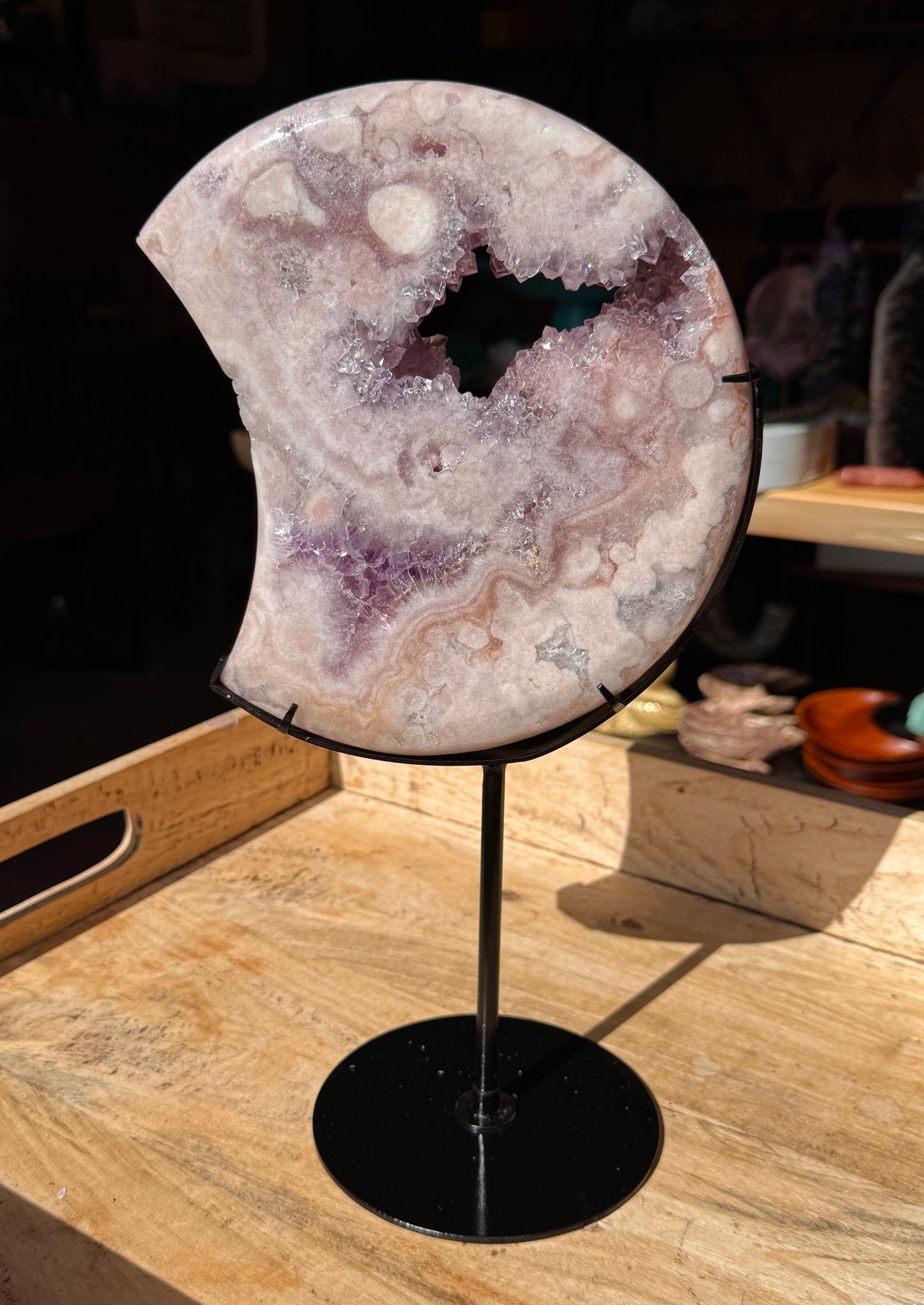 Pink Amethyst carved Crescent Moon - Rare Druze