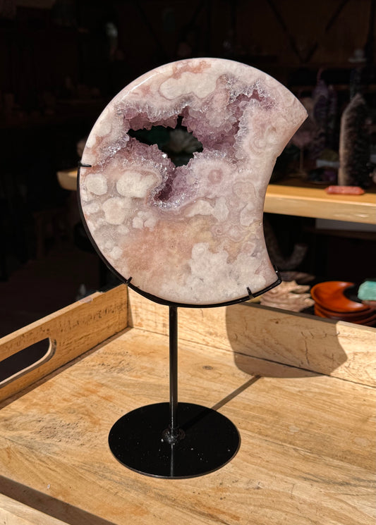 Pink Amethyst carved Crescent Moon - Rare Druze