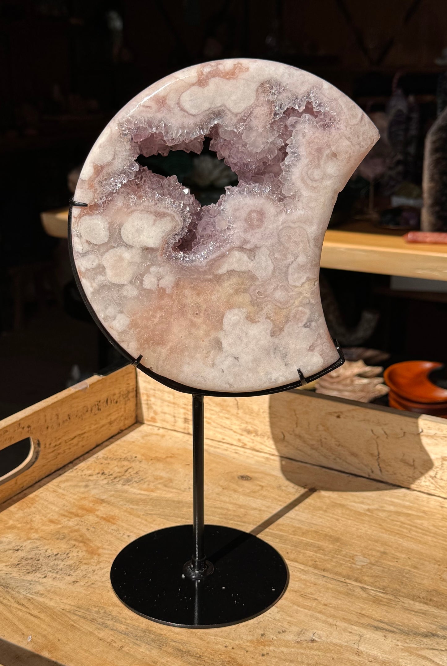 Pink Amethyst carved Crescent Moon - Rare Druze