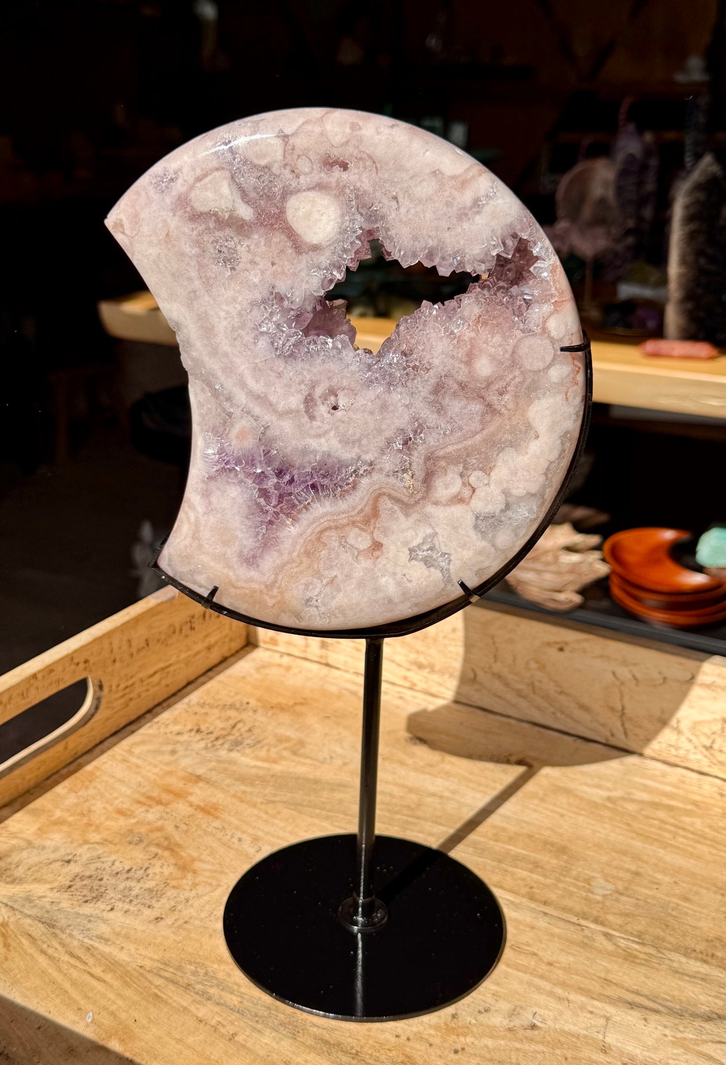 Pink Amethyst carved Crescent Moon - Rare Druze