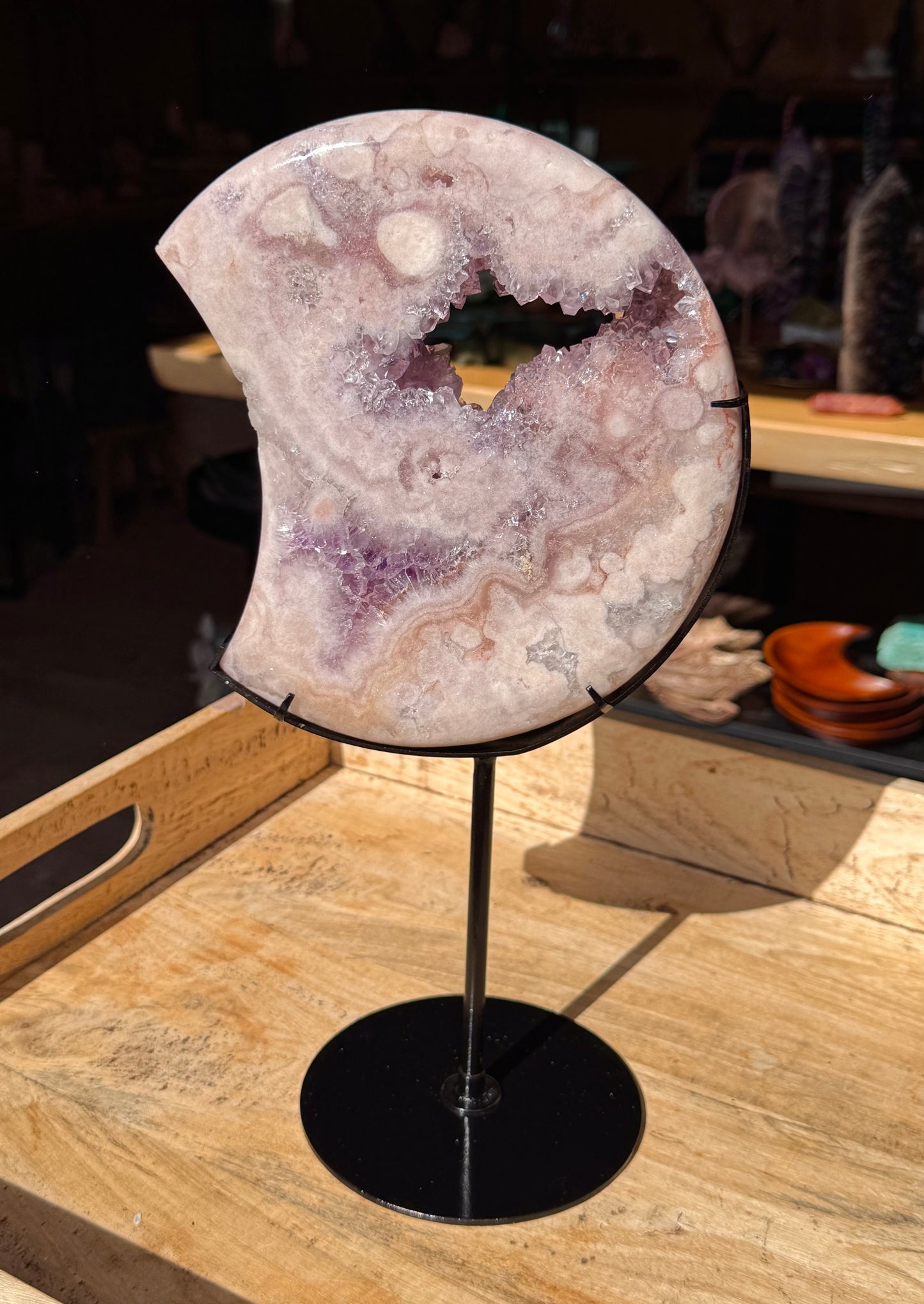 Pink Amethyst carved Crescent Moon - Rare Druze