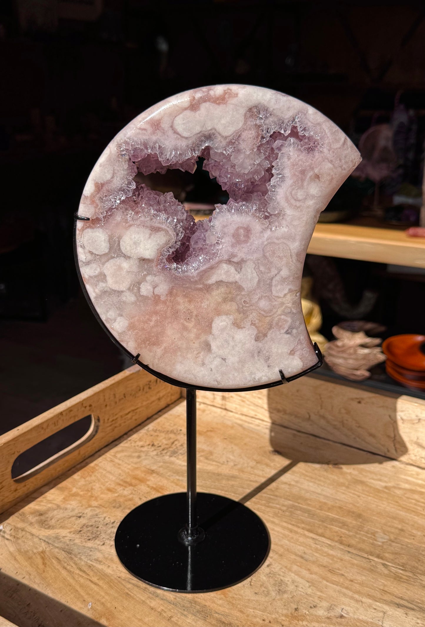 Pink Amethyst carved Crescent Moon - Rare Druze