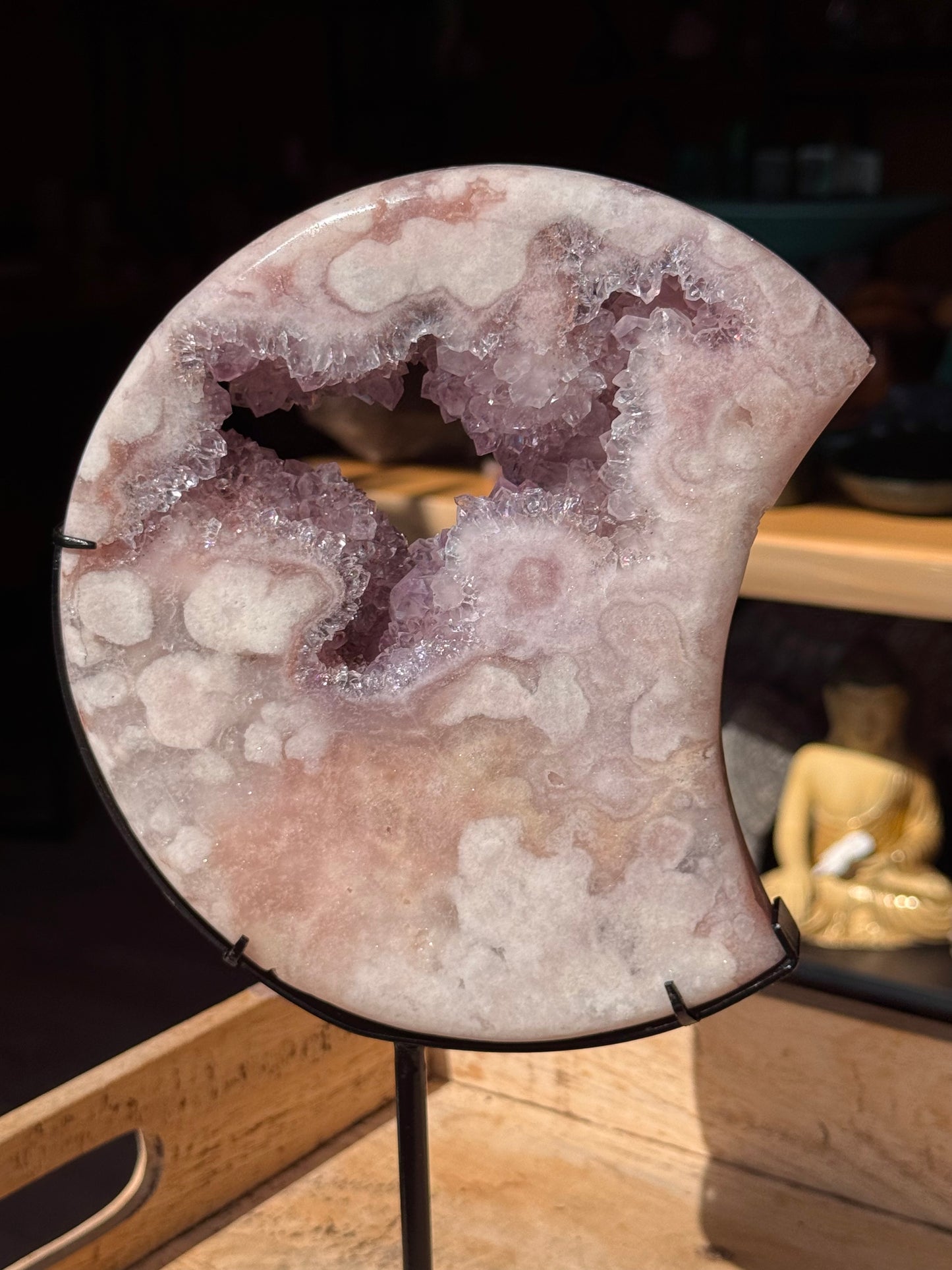 Pink Amethyst carved Crescent Moon - Rare Druze