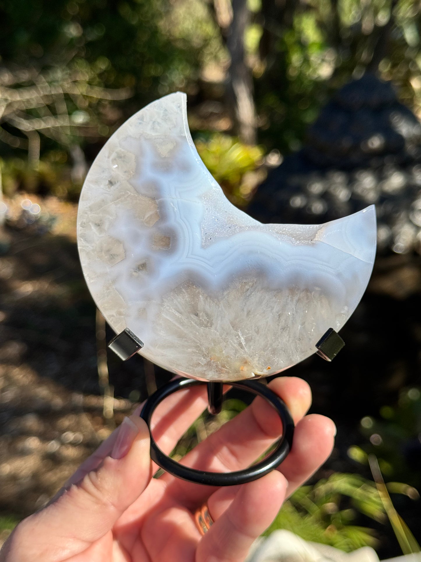 Druzy Blue Lace Agate and quartz Crescent Moon 4