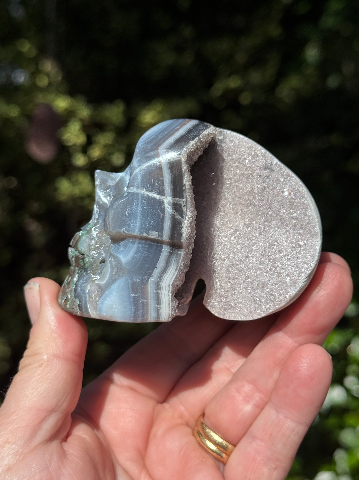 Agate Skull with Amethyst druzy Geode