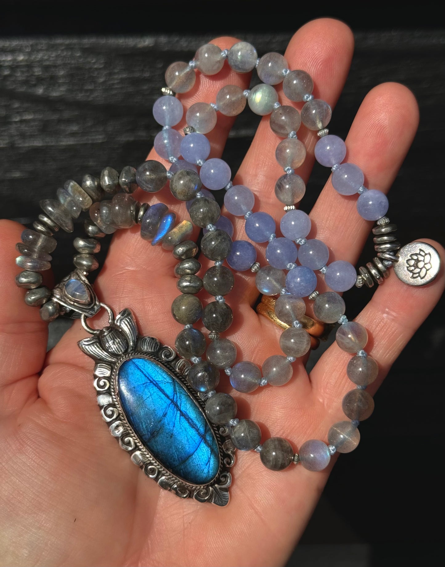 Mālā Half with Labradorite and Aquamarine Beads with a handmade Himalayan Sterling Silver and Labradorite Bead/Pendant