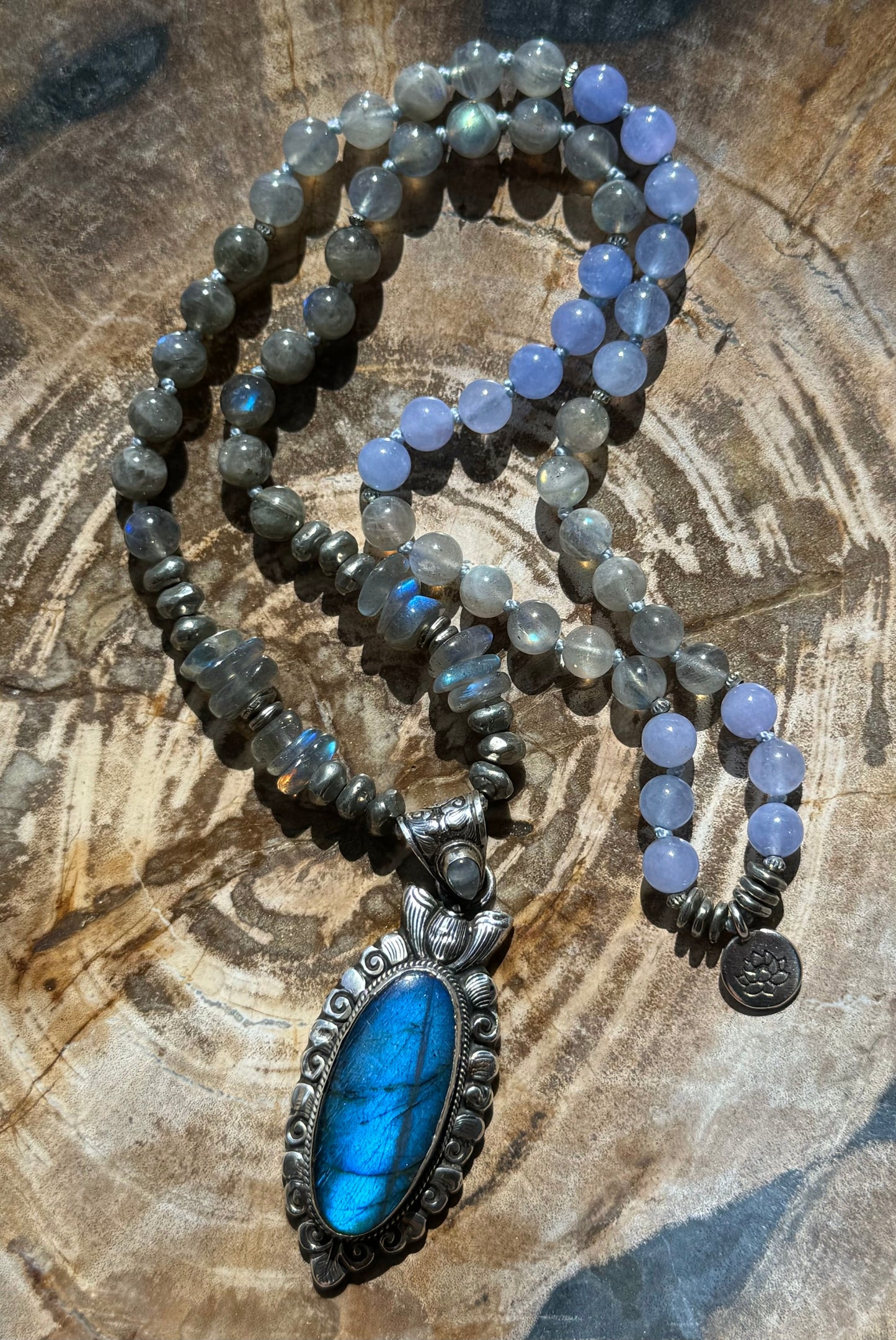 Mālā Half with Labradorite and Aquamarine Beads with a handmade Himalayan Sterling Silver and Labradorite Bead/Pendant