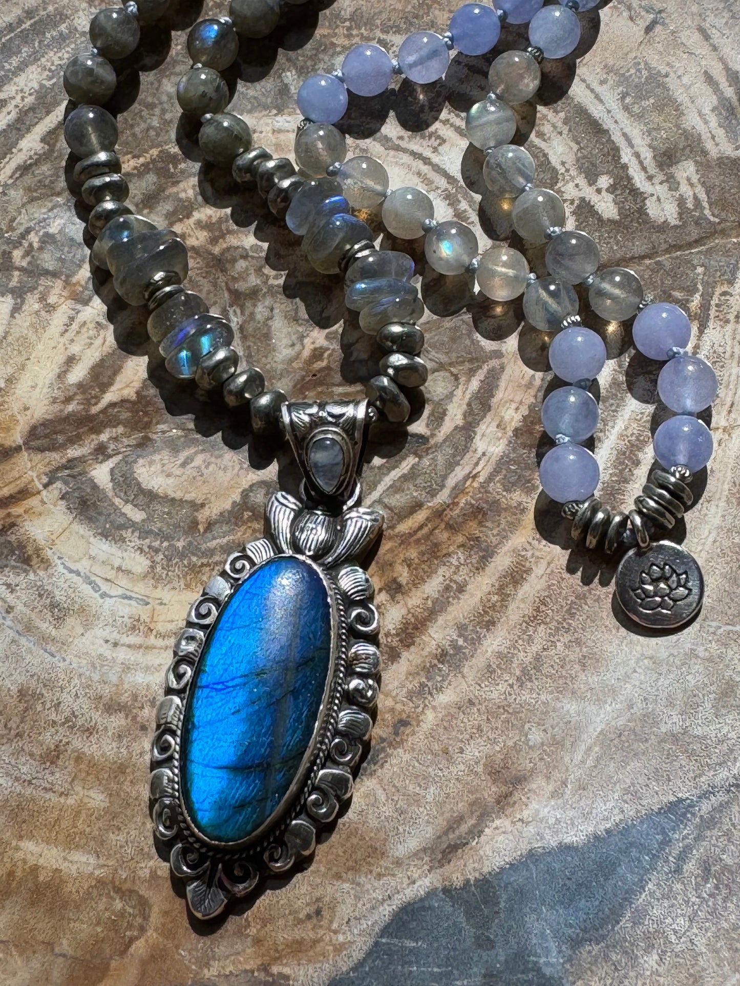 Mālā Half with Labradorite and Aquamarine Beads with a handmade Himalayan Sterling Silver and Labradorite Bead/Pendant