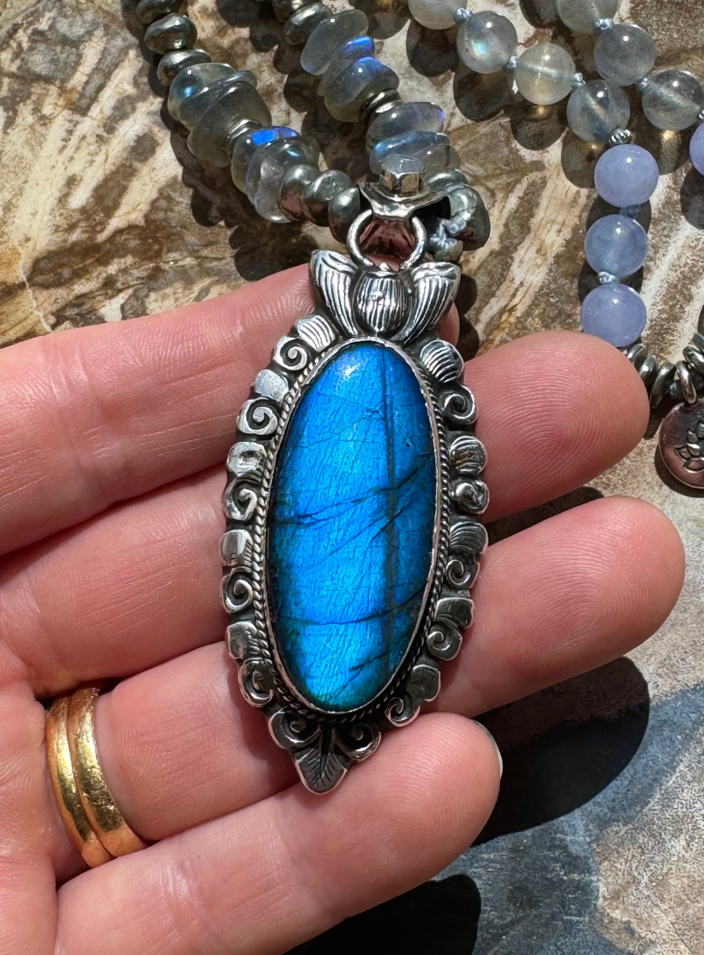 Mālā Half with Labradorite and Aquamarine Beads with a handmade Himalayan Sterling Silver and Labradorite Bead/Pendant