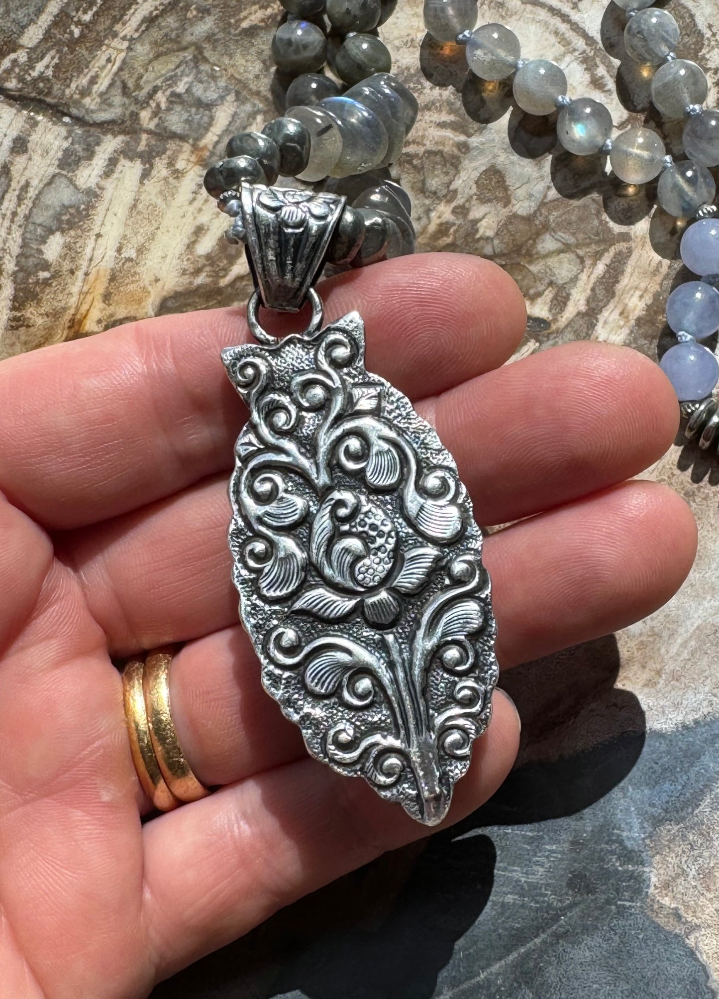 Mālā Half with Labradorite and Aquamarine Beads with a handmade Himalayan Sterling Silver and Labradorite Bead/Pendant