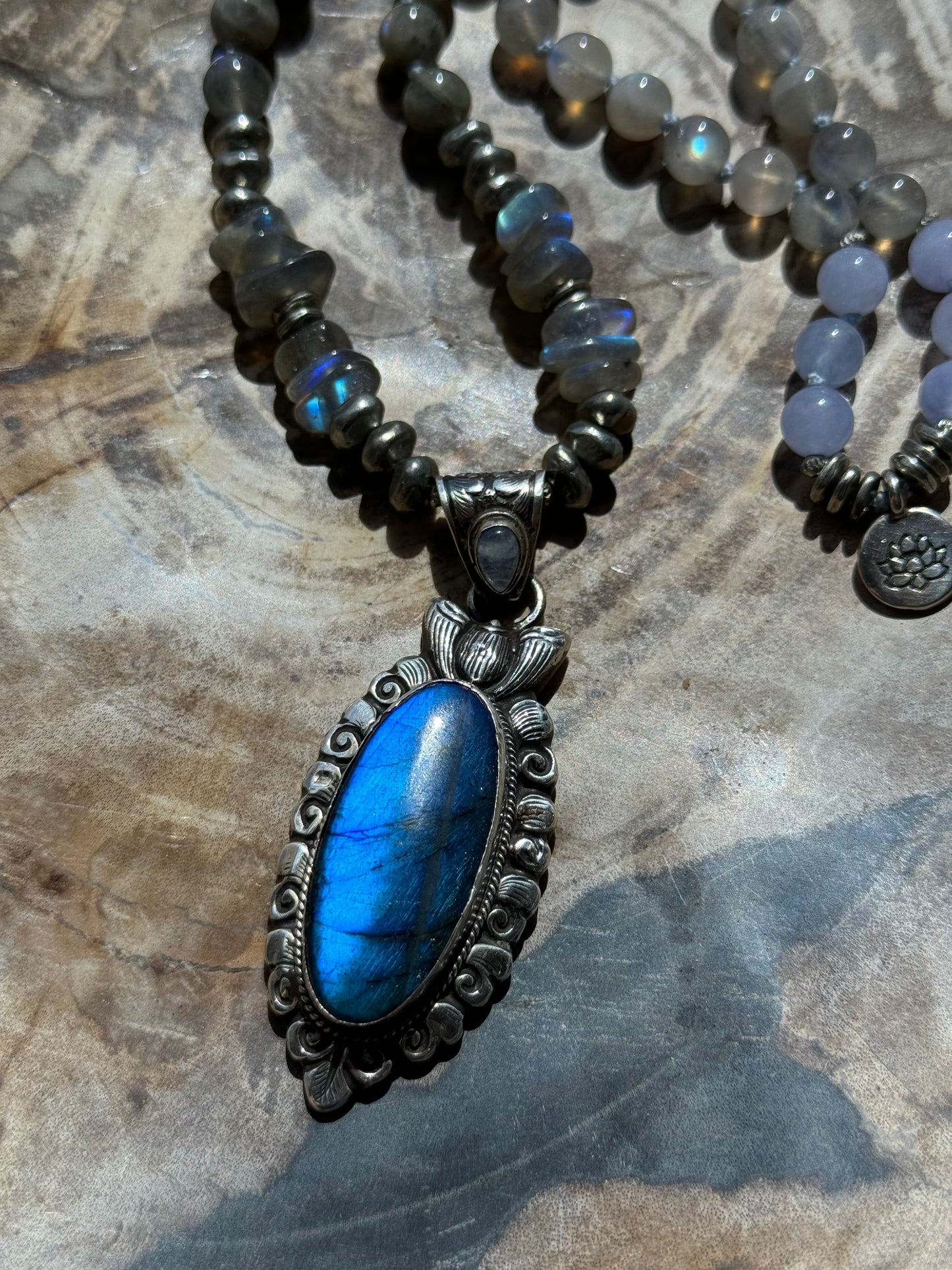 Mālā Half with Labradorite and Aquamarine Beads with a handmade Himalayan Sterling Silver and Labradorite Bead/Pendant