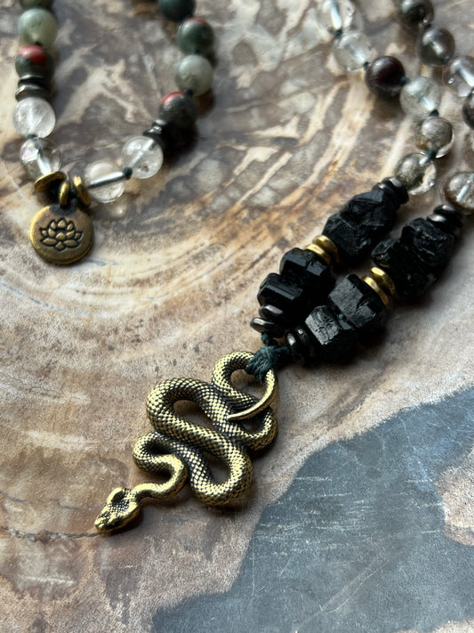 Mālā, half with Lodalite, Bloodstone and Black Tourmaline Beads with a Snake Pendant