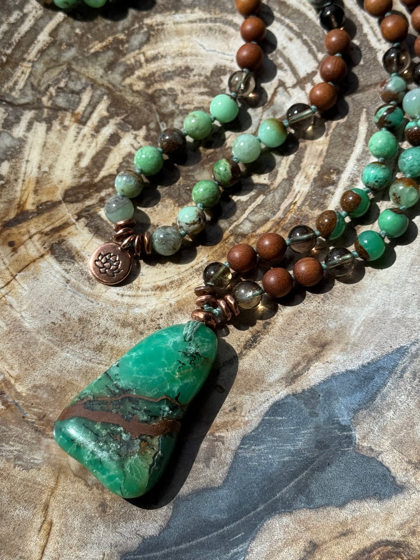 Mālā with Chrysoprase, Smoky Quartz, Sandalwood with a Australian Chrysoprase Guru Bead/Pendant (Copy)