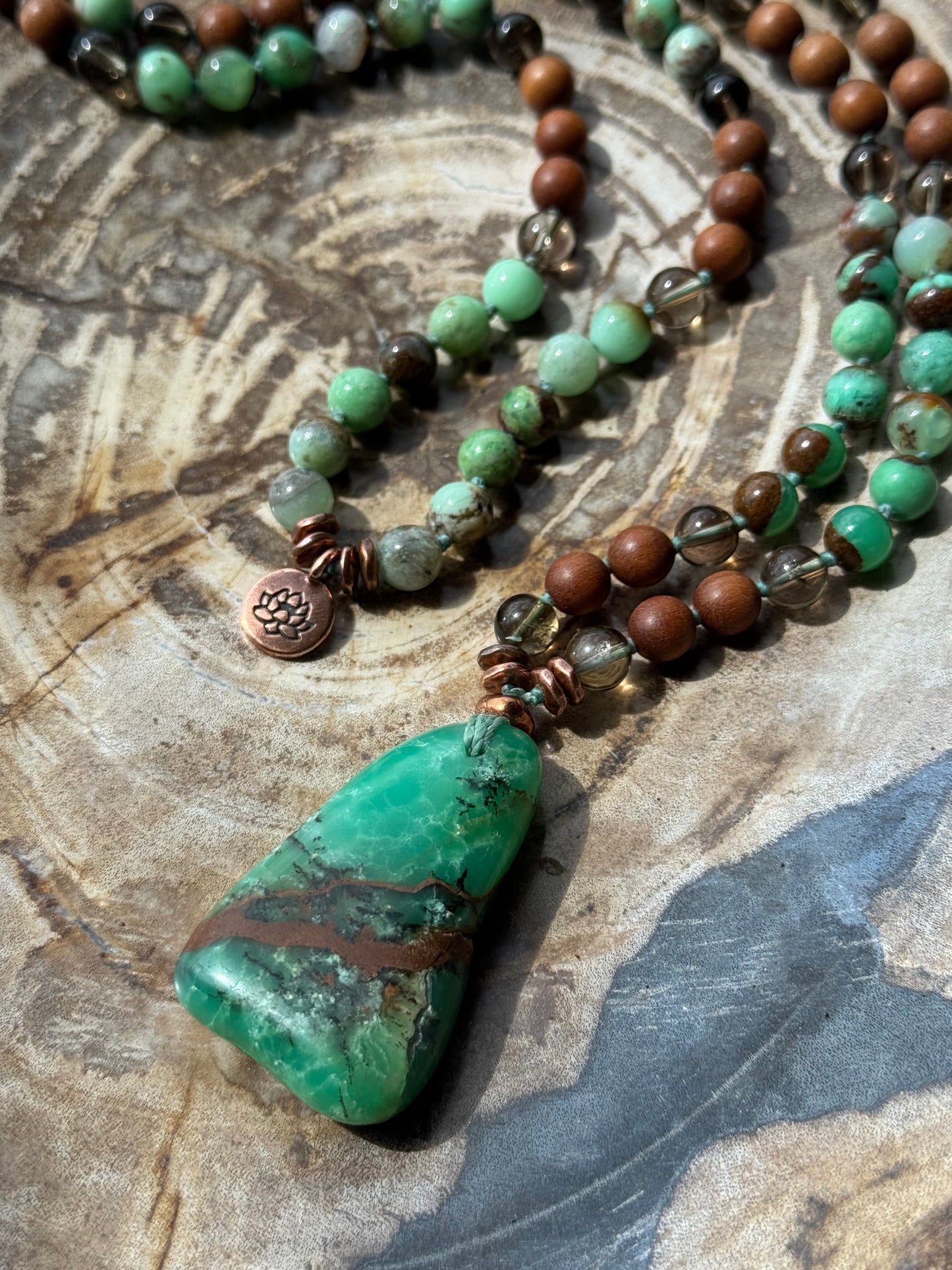 Mālā with Chrysoprase, Smoky Quartz, Sandalwood with a Australian Chrysoprase Guru Bead/Pendant (Copy)