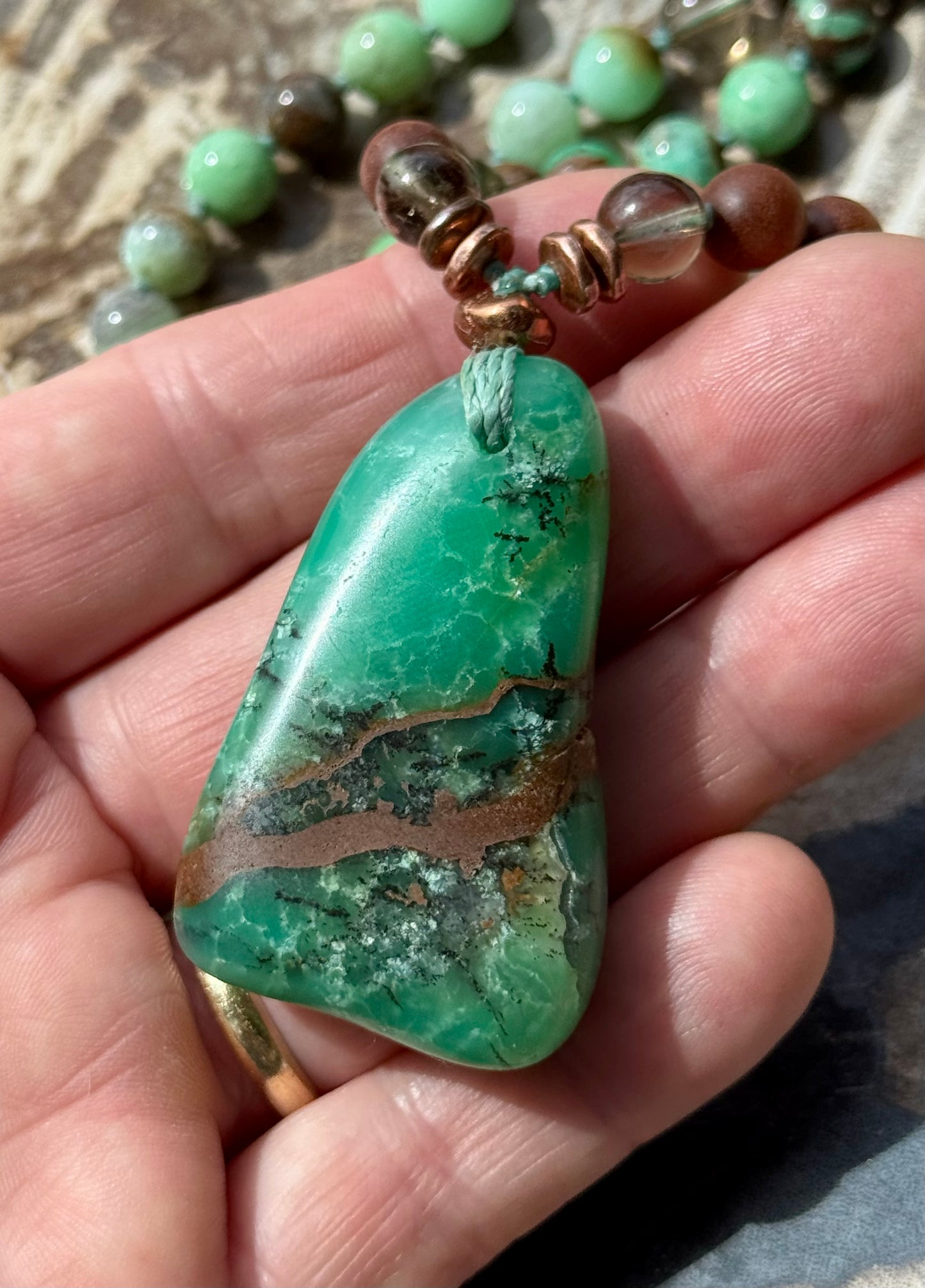 Mālā with Chrysoprase, Smoky Quartz, Sandalwood with a Australian Chrysoprase Guru Bead/Pendant (Copy)